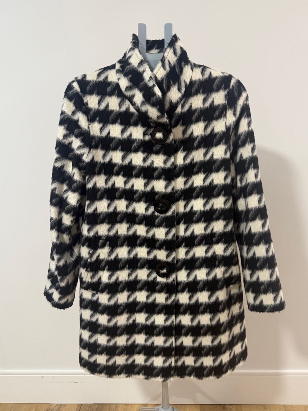 HISO HideSociety fuzzy wool long coat rare BlackWhite Houndstooth Made in Canada